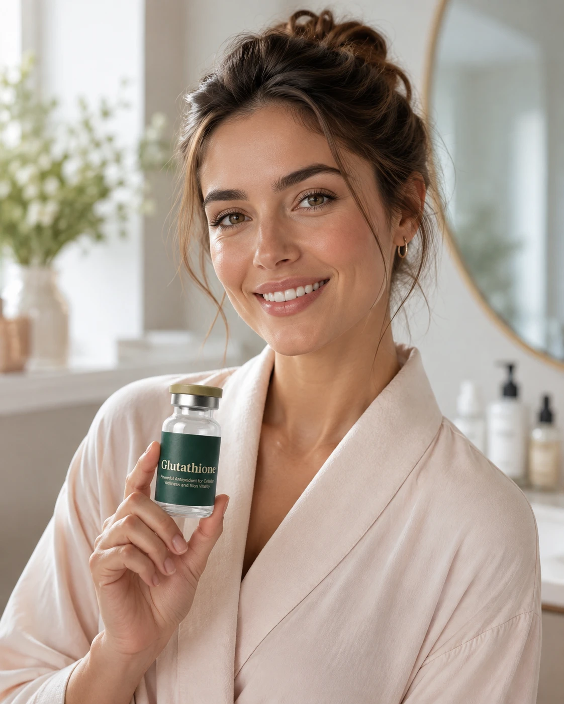 Woman glowing after Glutathione and Sermorelin recovery treatment